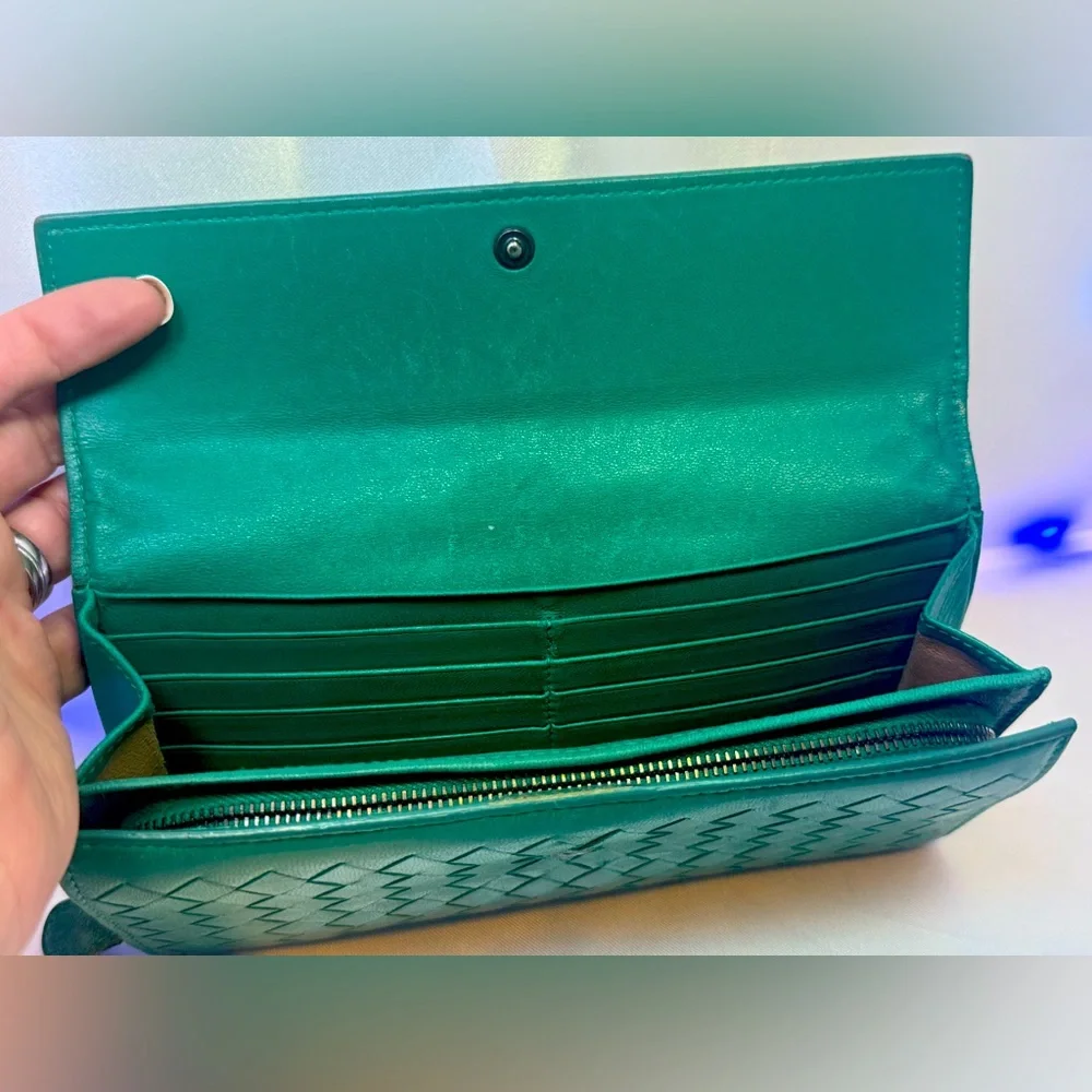 Bottega Veneta Intrecciato Leather Long Wallet Teal Vintage Color Made in Italy - Picture 9 of 14